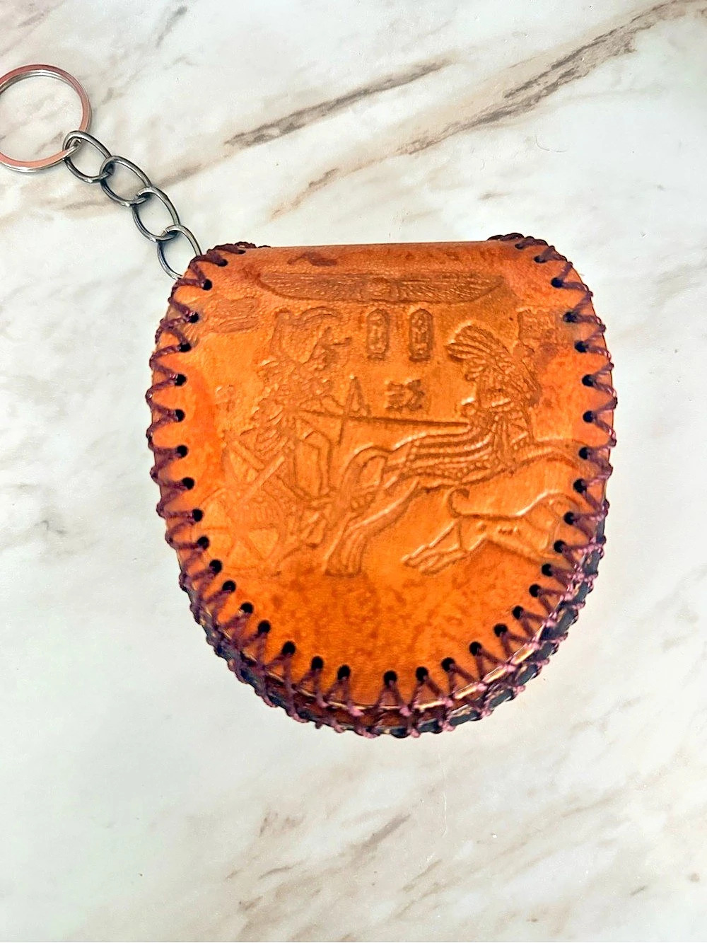 Vintage Egyptian Hand Tooled Leather Keychain Coin Pouch 🇪🇬✨